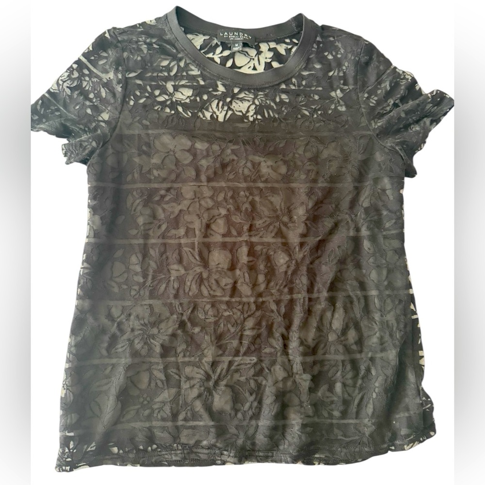 NWT LAUNDRY BY SHELLI SEGAL Floral Stripe Burnout Top black Burnout Sz M